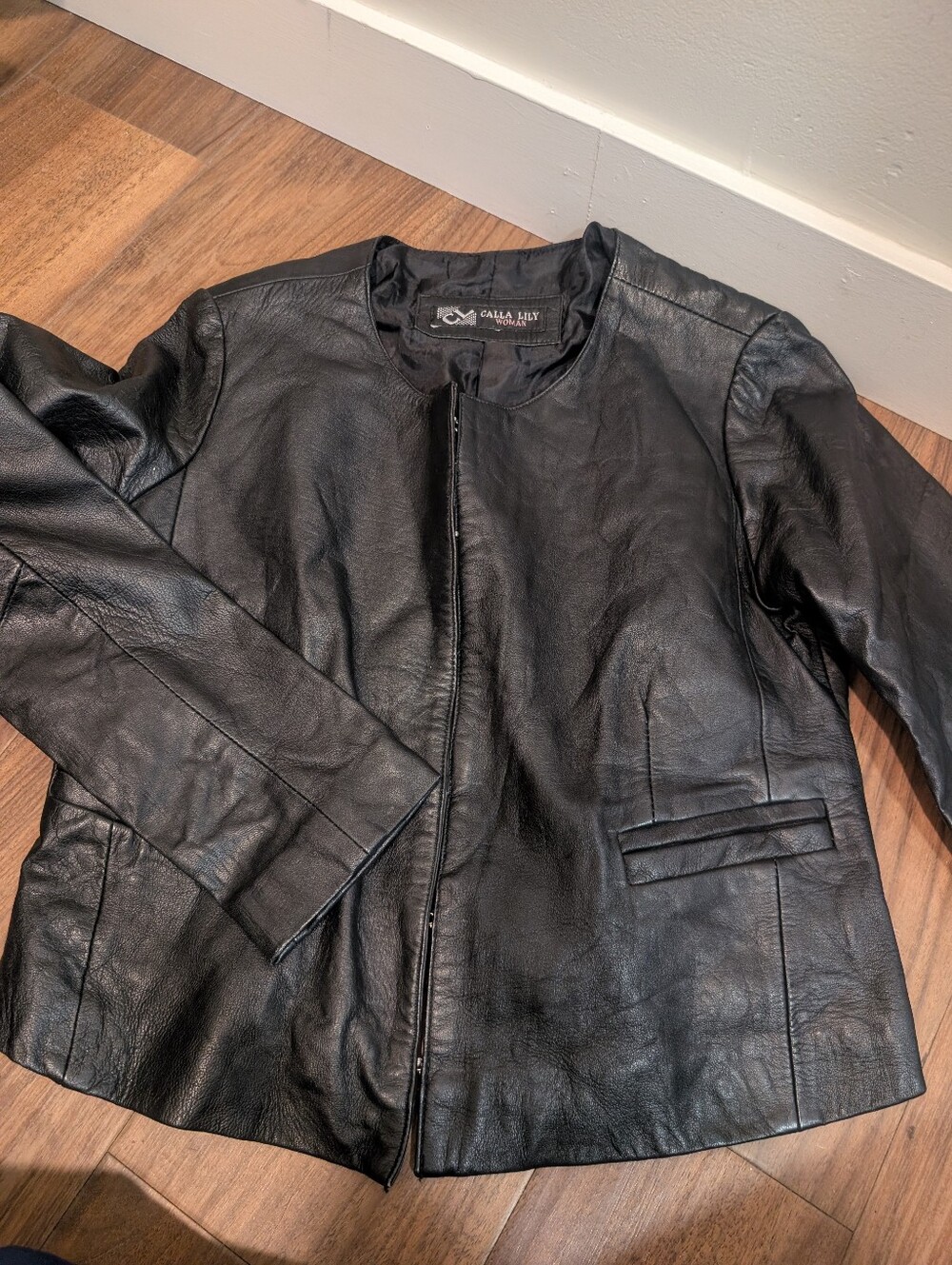 Black Leather Collarless Jacket